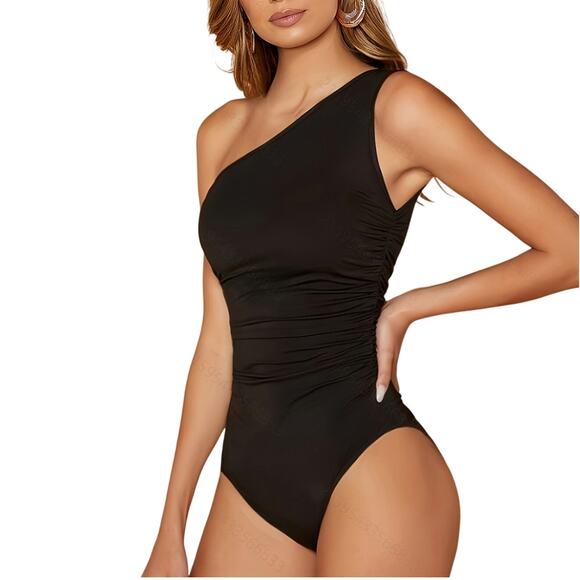 Black One-Shoulder Swimsuit | Ruched Slimming Swimwear for Women Size S - Picture 6 of 10